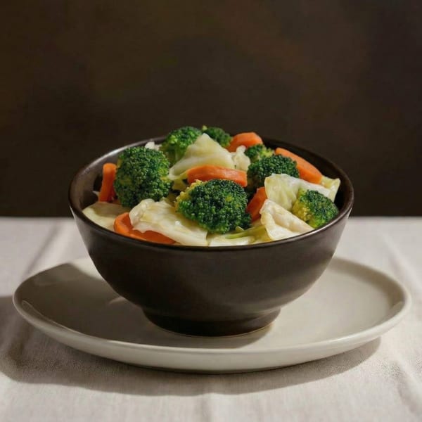 A dark bowl filled with steamed broccoli florets, sliced carrots, and cabbage, on a white plate.