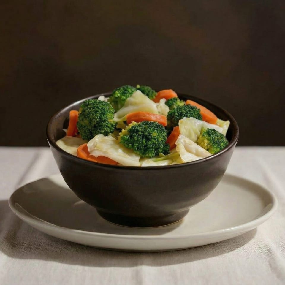 A dark bowl filled with steamed broccoli florets, sliced carrots, and cabbage, on a white plate.