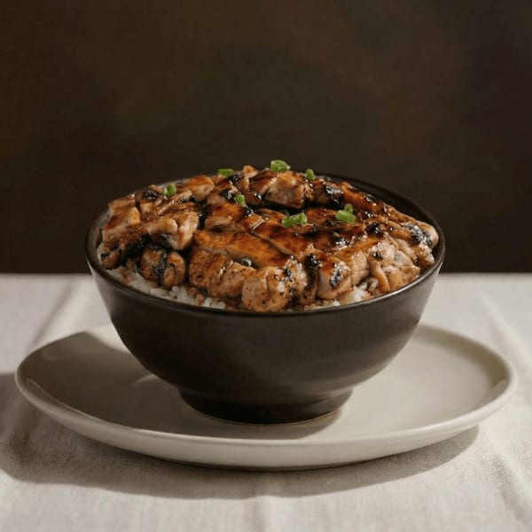 A dark bowl of teriyaki chicken over white rice, garnished with green onions, on a white plate.
