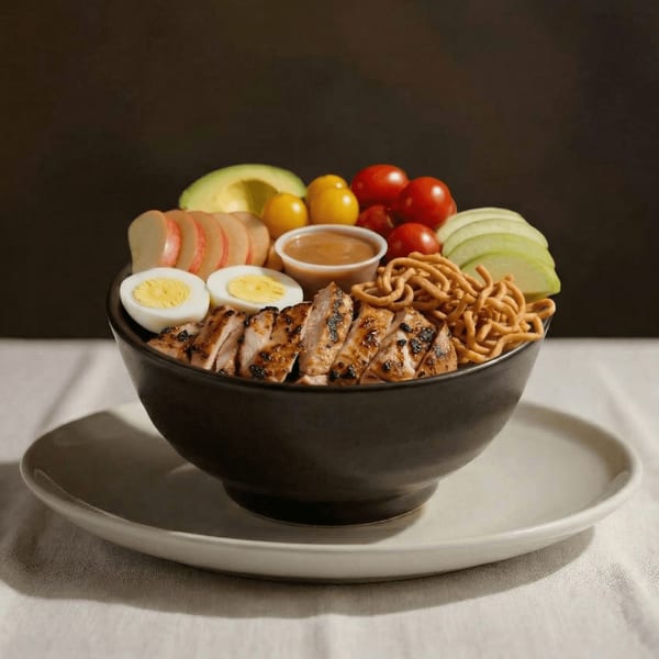 A black bowl filled with grilled chicken, noodles, eggs, tomatoes, apples, avocado, and dressing.