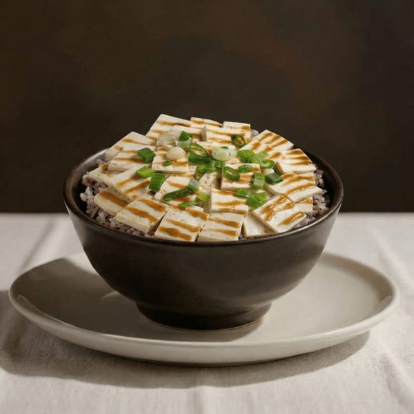 A dark bowl filled with rice and grilled tofu squares drizzled with sauce and topped with green onions.
