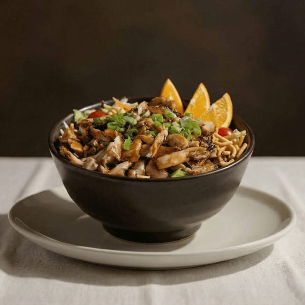 A black bowl filled with chicken, noodles, vegetables, and orange slices on a white plate.